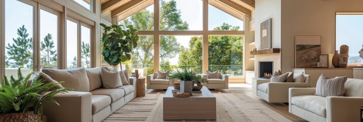 Sticker - Elegant living room interior in a premium residence showcasing vaulted ceilings, exposed wooden beams, a warm fireplace, and refined decor. Large windows provide a tranquil vista of verdant trees.