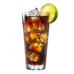 Refreshing glass of cola with ice cubes and lime wedge, isolated on a white background