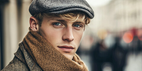 Sticker - A handsome young man with blond hair and blue eyes, wearing an old-fashioned brown jacket, generative AI