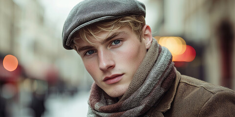 Canvas Print - A handsome young man with blond hair and blue eyes, wearing an old-fashioned brown jacket, generative AI