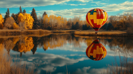 A high angle shot of a colorful hot air balloon