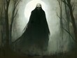 © Pukan - A shadowy figure with glowing red eyes emerges from a foggy forest, creating a chilling, nightmarish atmosphere.
