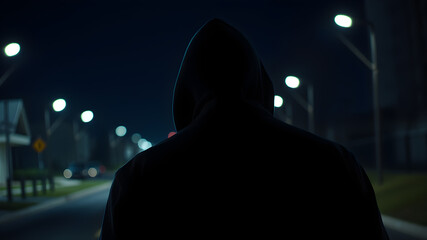 Back view of Night scene with man in hood following person. Concept for crime. Generative AI