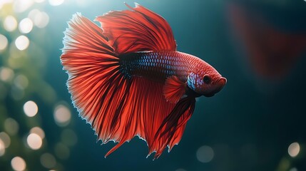 Wall Mural - Red Betta Fish with Extended Fins Against a Blurred Background