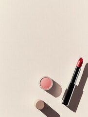 Wall Mural - A thoughtfully arranged set of cosmetics featuring a vibrant lipstick and soft powder on a light background, evoking a chic atmosphere. Generative AI