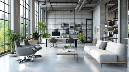 Sleek minimalist workspace featuring large glass walls, metal accents, and a neutral color palette, creating an open and airy environment