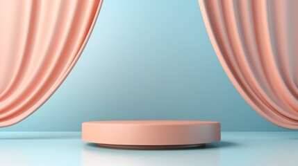 Poster - A luxurious minimal podium is set against soft peach and sky blue colors, with elegant curtains creating a sophisticated backdrop perfect for showcasing products