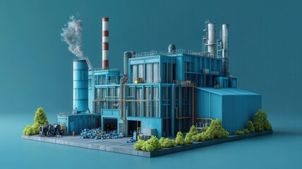 A detailed illustration of a blue industrial factory with smokestacks, showcasing modern architecture and environmental elements.