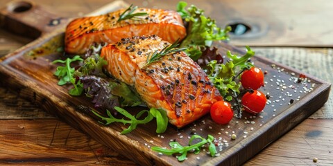 Wall Mural - Mediterranean Cuisine Sliced Fried Salmon with Green Salad and Cherry Tomatoes on Board Table