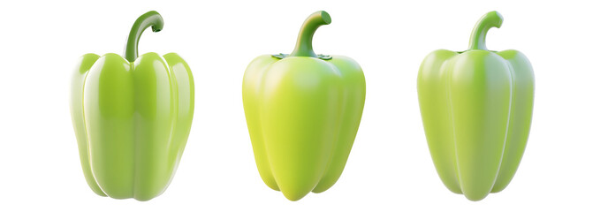 Green bell pepper set isolated on transparent background, fresh vegetable, healthy eating, organic food ingredient, raw, crunchy texture.