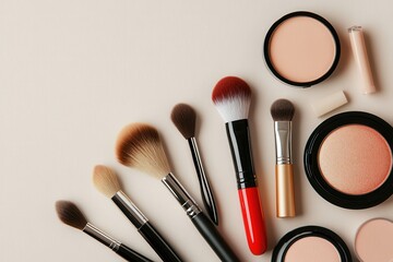 Poster - A neat layout features cosmetic products like lipstick, brushes, and powder on a light surface, showcasing their elegant simplicity. Generative AI