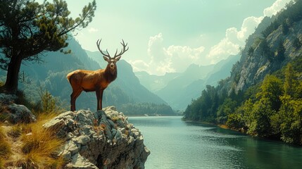 A Majestic Deer Stands Tall on a Rocky Outcrop Overlooking a Tranquil Lake and Mountainous Landscape