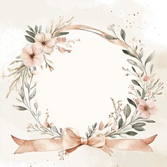 Wall Mural - Delicate floral wreath design featuring soft pink flowers and green leaves, perfect for invitations and decor.