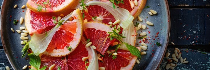 Wall Mural - Plate featuring fresh chicory salad with grapefruit and pine nuts.