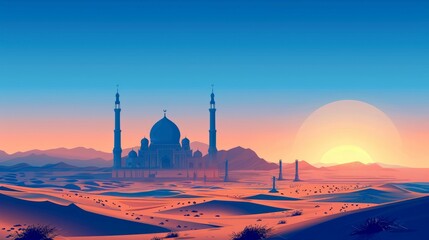 Wall Mural - A Mosque Silhouette in a Desert Landscape at Sunset