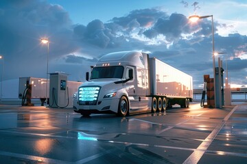 Wall Mural - A semi truck stopped at a gas station, possibly refueling or taking a break