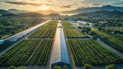 Aufkleber - Aerial shot, Agricultural greenhouses, Diagonal roof, photovoltaic panel on roof, photovoltaic panel agricultural greenhouses. Generative AI.