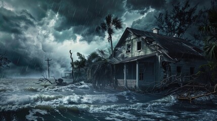 Canvas Print - a house stands strong amidst a turbulent storm with lightning illuminating the dark sky