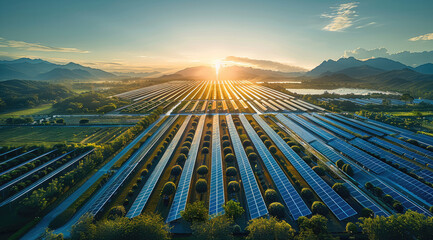 Aufkleber - Aerial shot, Agricultural greenhouses, Diagonal roof, photovoltaic panel on roof, photovoltaic panel agricultural greenhouses. Generative AI.