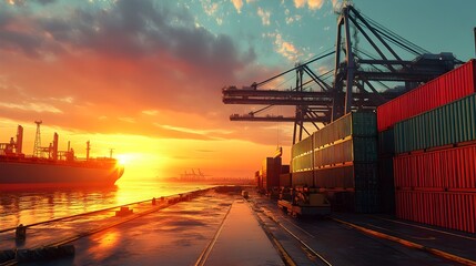 Fototapete - Cargo Containers Being Loaded Onto a Ship at Sunrise in a Bustling Seaport