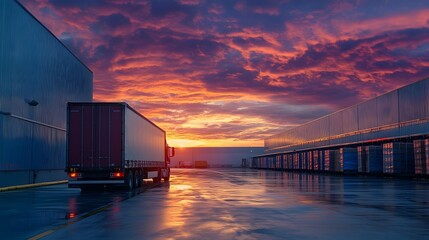 Poster - Cargo Truck Unloading at Distribution Center During Sunset