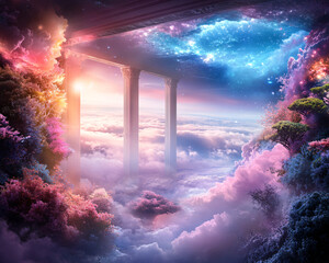 Wall Mural - A colorful sky with clouds and trees. The sky is filled with a variety of colors, including pink, blue, and purple. The trees are lush and green, and the sky is dotted with stars