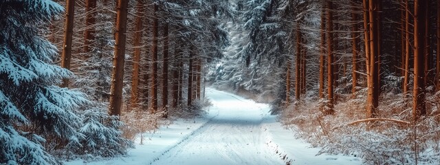 Poster - A serene winter pathway winding through a quiet forest blanketed in snow during the tranquil hours of morning light