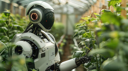 Aufkleber - A robot working in a futuristic greenhouse. Generative AI.