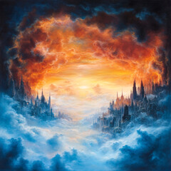 Wall Mural - a painting of a city with a large red sun in the sky. the sun is surrounded by clouds and the sky is