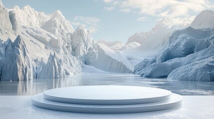 Aufkleber - White circular podium with ice landscape background. Minimalist scene for product display presentation. Generative AI.