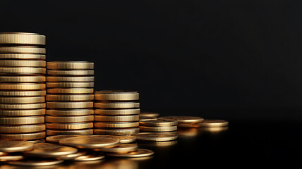 Stacks of gold coins are arranged against dark background, creating striking visual of wealth and prosperity.