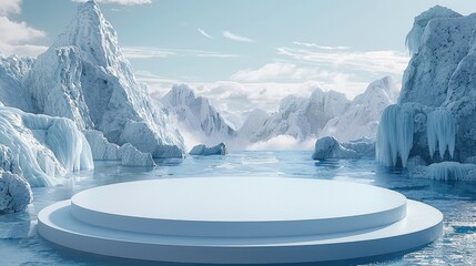 Aufkleber - White circular podium with ice landscape background. Minimalist scene for product display presentation. Generative AI.