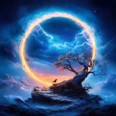 Wall Mural - A tree is standing in the middle of a circle. The sky is blue and cloudy. A bird is sitting on a rock near the tree