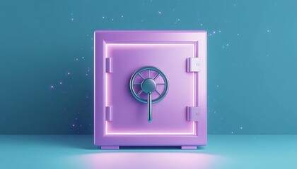 Wall Mural - Vibrant purple safe with neon lights on teal background. Security and finance concept. Modern and stylish.