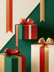 Poster - Colorful minimalist Christmas gift boxes with vibrant ribbons and bows are arranged in geometric shapes on a festive green backdrop. Generative AI