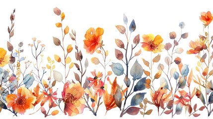 Wall Mural - Autumn Wildflowers Watercolor Border in Orange and Pink with Leaves and Twigs - Seamless, Isolated Clipart.