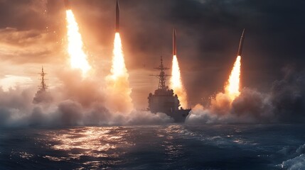 Destroyer Firing Missiles in Dramatic High Seas Battle Scene