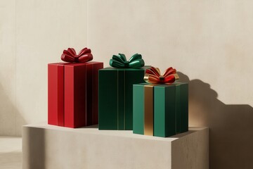 Poster - Brightly colored geometric gift boxes feature vibrant ribbons and bows, creating a festive atmosphere perfect for the holiday season. Generative AI