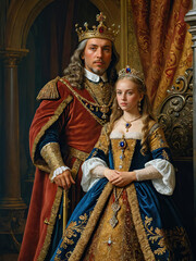 Wall Mural - Renaissance-style portrait of a king and his little princess, Generative AI