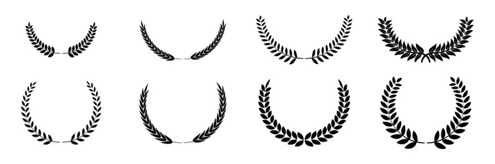 laurel wreath set, black circular laurel olive branches greek wreath ,a winner award of olive leaves