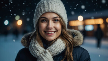 adult caucasian girl winter night background portrait