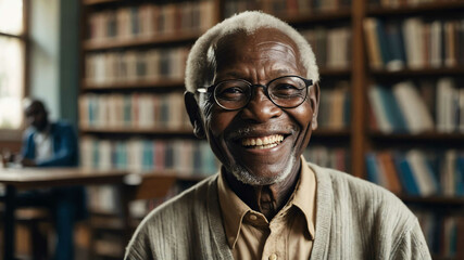 Wall Mural - elderly african boy public library background portrait