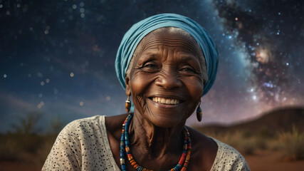 Wall Mural - elderly african girl space cosmos background portrait