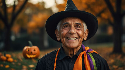 Wall Mural - elderly hispanic boy halloween theme background portrait