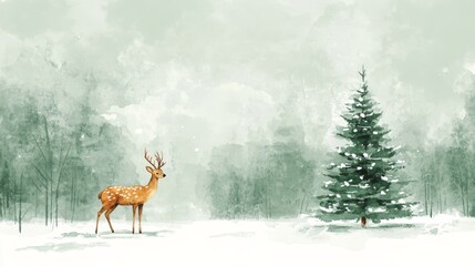 Wall Mural - Extremely simple watercolor hand drawn geometric Christmas tree and deer, using soft green and gold tones, placed on a white background, leaving ample copywriting space and holiday design elements