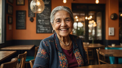 Wall Mural - elderly hispanic girl cafe restaurant background portrait