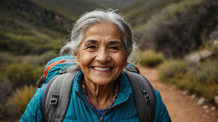 elderly hispanic girl hiking trail background portrait