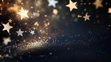 Poster - Gold stars of varied sizes shimmer softly against a dark background, creating a captivating and tranquil night sky effect. Generative AI