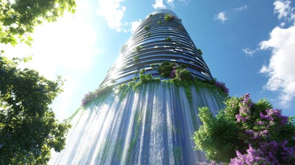 Wall Mural - Futuristic 3D Fantasy Skyscraper with Cascading Waterfall FaÃ§ade