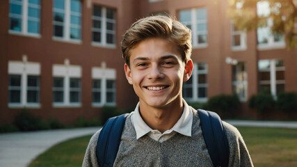 Sticker - middleaged caucasian boy school campus background portrait